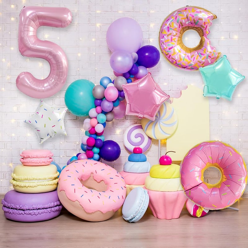 Dokuna Donut Birthday Decorations  6 PC Balloons 5th Birthday for Girls  Giant Number 5 Foil Mylar Balloon  5 Years Old Theme Party Supplies Decor (Donut-5) - Image 3